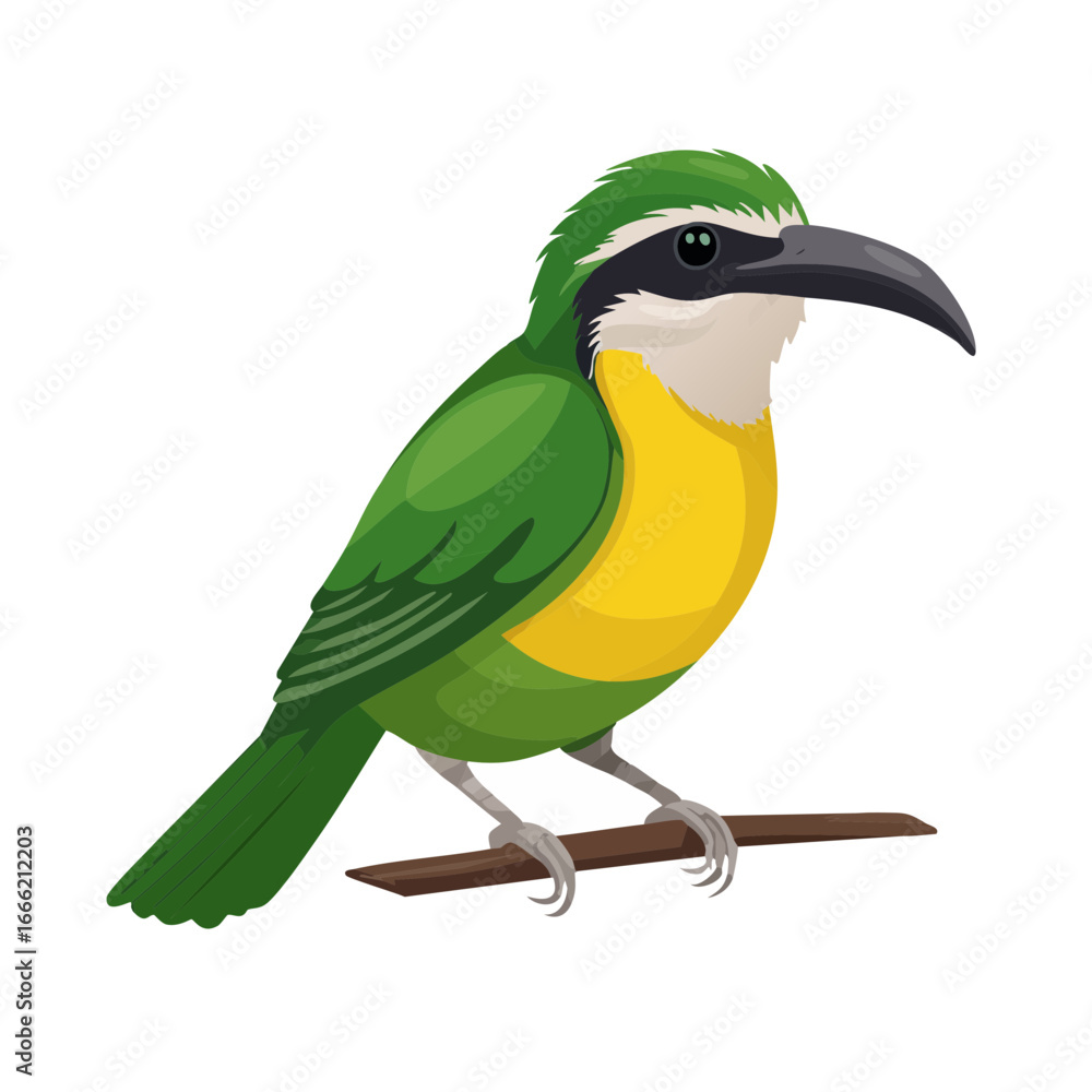 Obraz premium Vivid Green Bird Perched on Branch Isolated on Black Illustration Tropical Wildlife