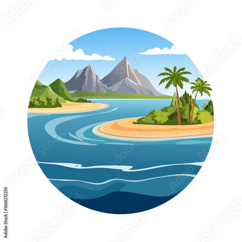 Cartoon tropical island landscape with mountains, palm trees, and blue ocean in circle.