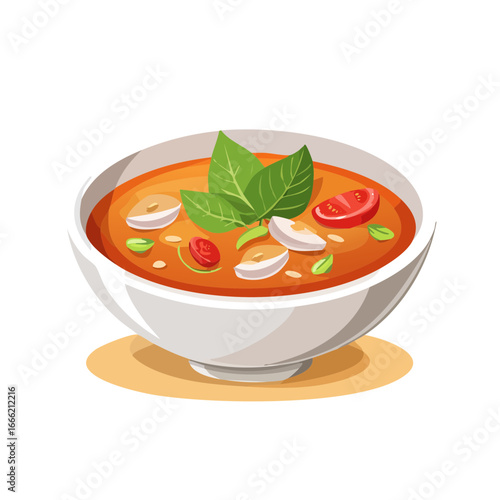 Bowl of tomato soup with mushrooms, basil leaves, and sliced tomatoes vector illustration