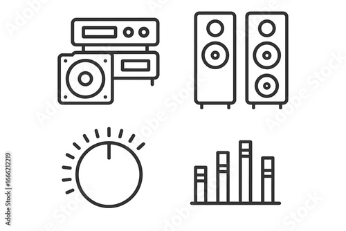 Minimalist audio system icons - speakers, controls, and sound equalizer