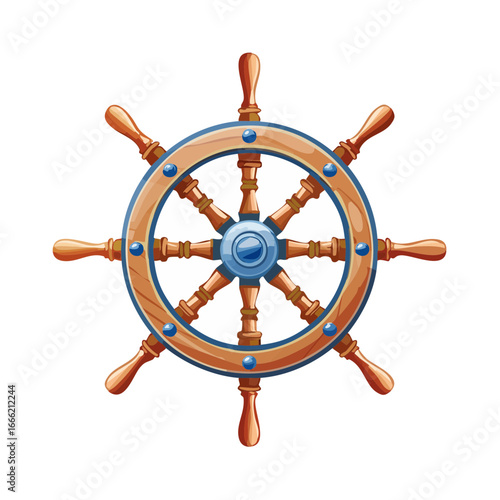 Wooden ship wheel with blue accents in cartoon style, nautical steering equipment, vintage navigation object with handles