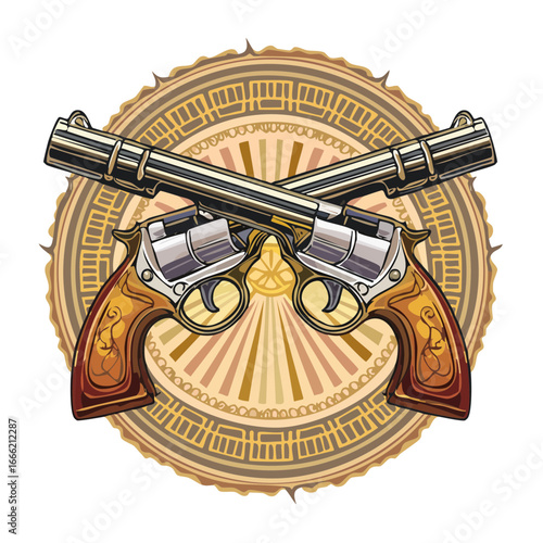 Crossed revolvers vector illustration with sunburst and ornamental circle on black background