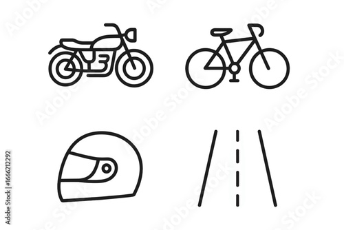 Motorcycle and bicycle with helmet on road line art icons