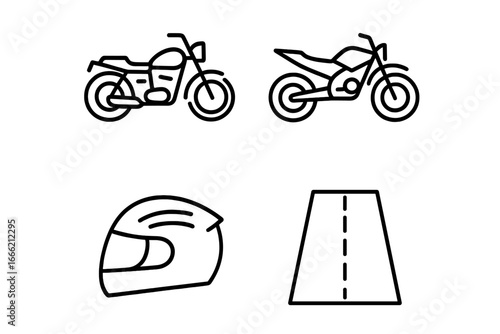 Motorcycle icons featuring helmet and road symbols