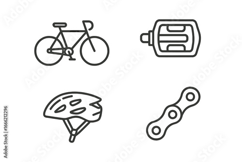 Bicycle, pedal, helmet, and chain line icons for cycling enthusiasts