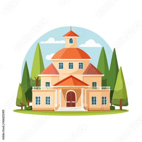 Illustration of elegant residential mansion with orange roof and lush green trees against blue sky and clouds