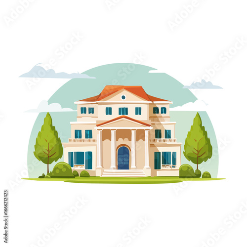 Elegant mansion illustration with manicured lawn, bright sky, and classical architecture conveying luxury lifestyle and real estate aspirations