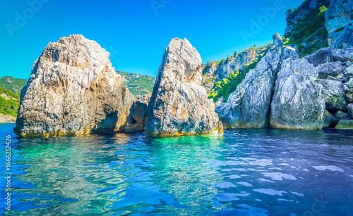 Fototapeta Naklejka Na Ścianę i Meble -  Paleokastritsa blue caves and Ionian sea on Korfu, Greece