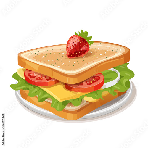 Delicious sandwich with cheese tomato lettuce onion and strawberry on top illustration
