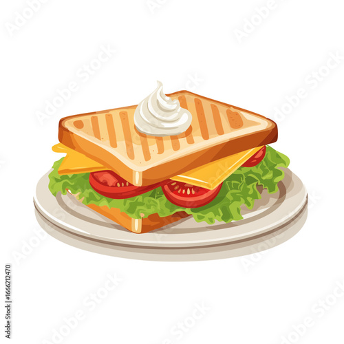 Toasted sandwich with cheese tomatoes lettuce and mayonnaise on a plate food illustration meal art