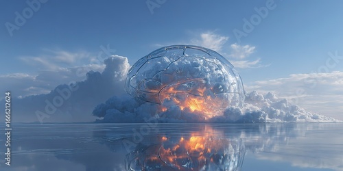 A giant brain-shaped structure made of transparent glass stands on the water surface, with cloud-like structures inside it and an orange light shining from within. 