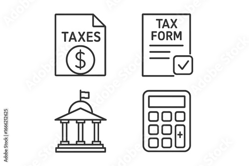 Tax document icons: taxes, tax form, government building, calculator