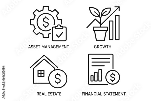 Financial icons representing asset management, growth, real estate, and financial statement