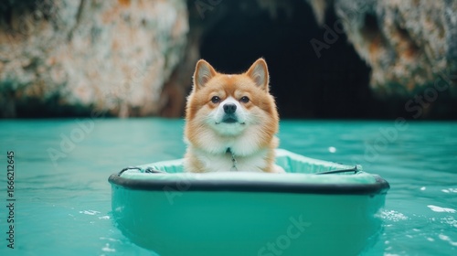 international dog day. A dog peacefully floats in a turquoise kayak on calm water.