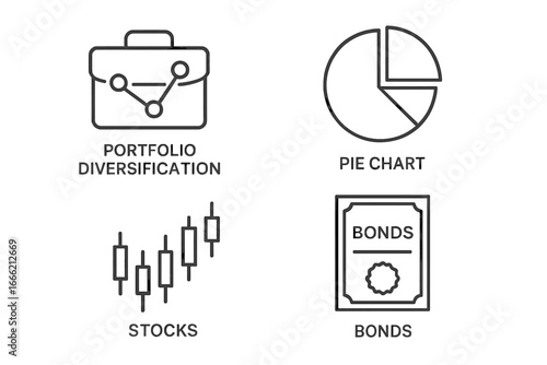 Financial icons: portfolio diversification, pie chart, stocks, bonds