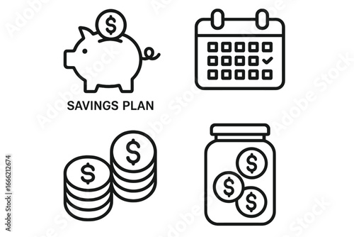 Savings planning icons: piggy bank, calendar, coins, and jar graphics