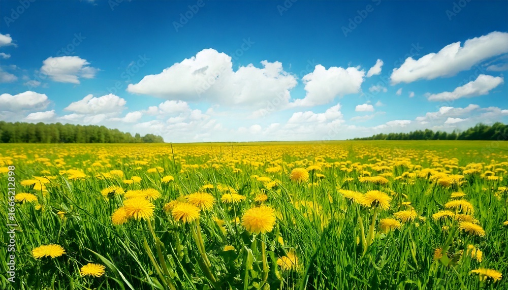 Obraz premium Beautiful meadow field with fresh grass and yellow dandelion flowers in nature against a blu.jpg