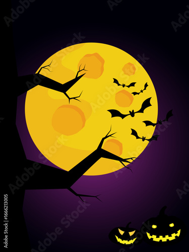 halloween background, bat flying and devil smiling face in night vector illustration