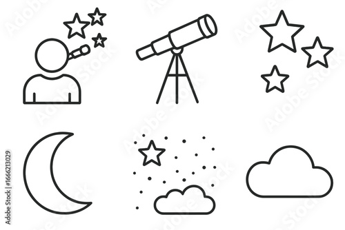 Astronomy icons: telescope, stars, moon, and clouds in minimalist design