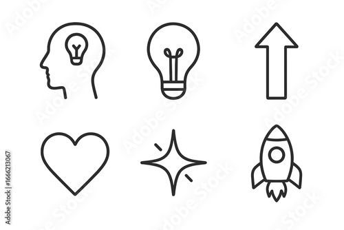 Simple icons: creativity, innovation, progress, love, inspiration, aspiration