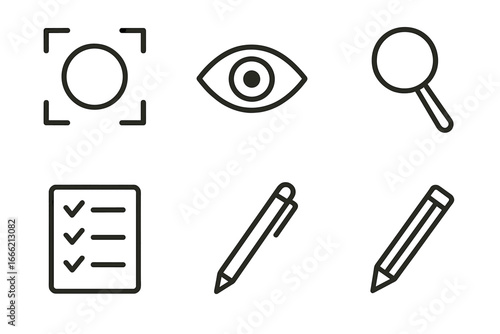 Minimalist icon set: photography, observation, search, checklist, pen, pencil