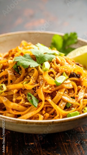A flavorful dish of stir-fried noodles, topped with fresh herbs and a hint of lime, served in a rustic bowl.