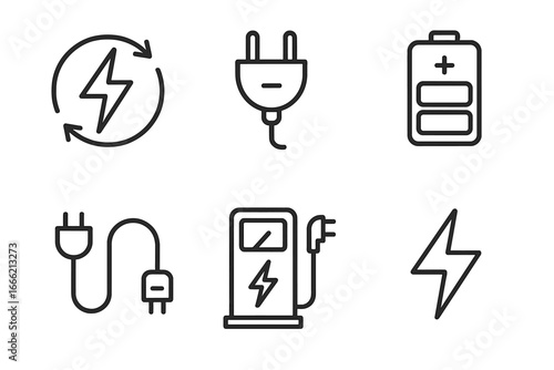 Electric energy symbols: charging, battery, and plug icons