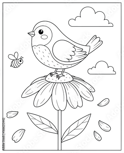 Bird coloring page illustration of a cute bird standing on a large flower with falling petals clouds and a bee created in clean vector outline design