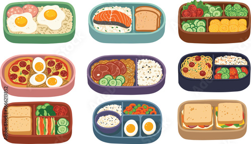 Colorful bento lunch boxes set, healthy meal illustrations, assorted food variety, cartoon style, perfect for meal planning, diet, design