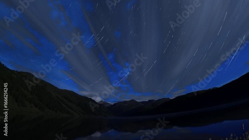 Night mountain landscape with moving stars. Timelapse