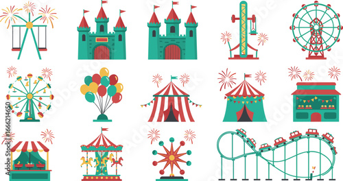 Colorful amusement park vector icons collection, featuring carnival rides, Ferris wheel, roller coaster, circus tents, and game booths, perfect for designs.