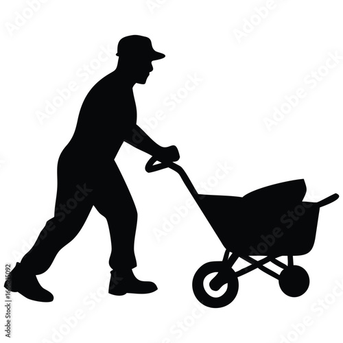 Worker pushing wheelbarrow silhouette.