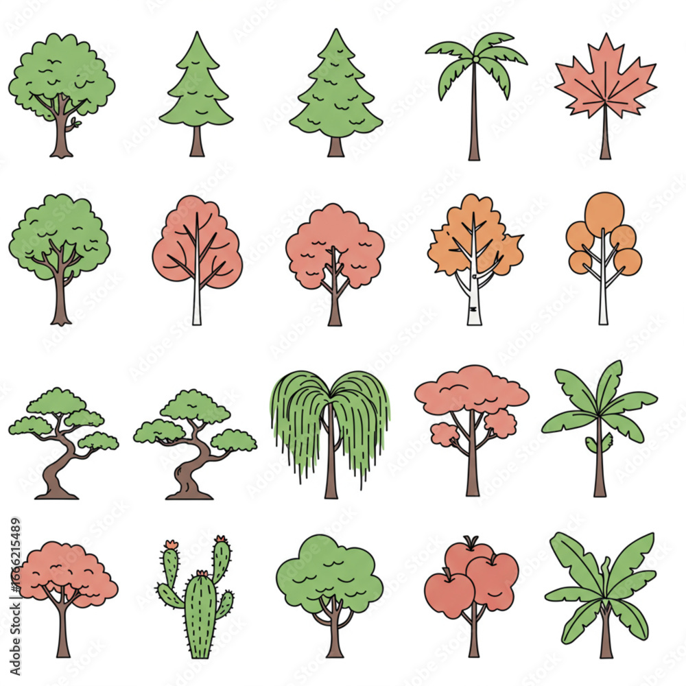 Fototapeta premium Collection of various tree illustrations in different shapes and colors.
