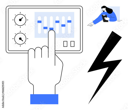 Hand interacting with audio control panel, woman holding tablet, and lightning bolt symbol. Ideal for technology, control, energy, innovation, usability, design simple landing page