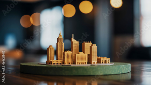 Fototapeta Naklejka Na Ścianę i Meble -  Miniature wooden cityscape model showcasing architectural detail on a display pedestal with soft bokeh background