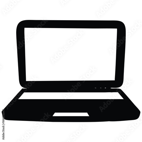 A simple black icon of an open laptop computer with a blank white screen, isolated on a white background.