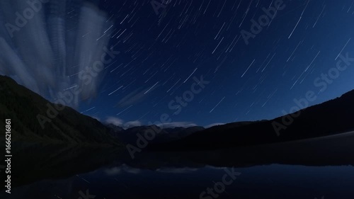 Night mountain landscape with moving stars. Timelapse