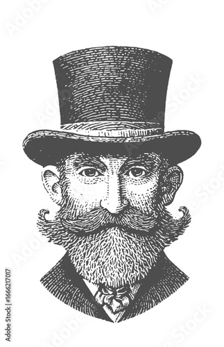 A distinguished gentleman with a top hat and impressive beard, illustrated in detail. Vintage rough woodcut engraving vector illustration.