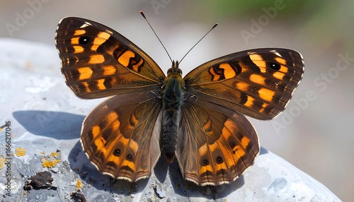 Close-up of a butterfly with intricate brown and orange patterns resting on a textured, light gray surface.