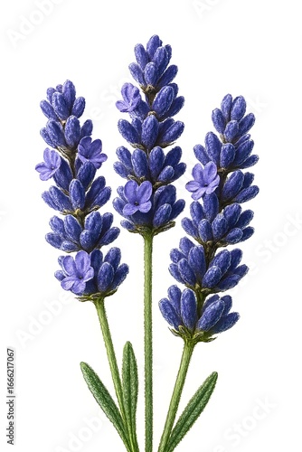 Three stalks of vibrant purple lavender flowers on a white background