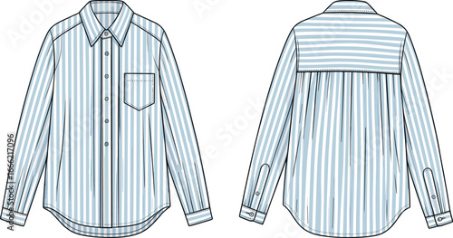 Classic striped button-up shirt design, front and back technical flat sketch, fashion illustration for apparel design, detailed vector template.