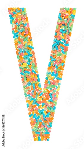 Vibrant letter V formed from a multitude of colorful sprinkles, showcasing a delightful array of hues and textures against a plain white background.