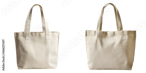 Beige canvas tote bag with long handles, designed for carrying everyday essentials, displayed isolated on a transparent background