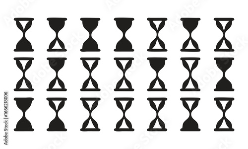 Black Hourglass Icons in Rows Symbolizing Time and Urgency on White sand timer clock