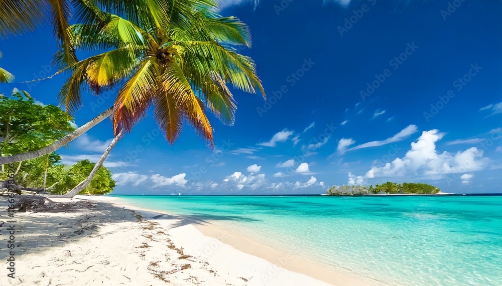 Obraz premium Beautiful tropical beach with white sand, palm trees, turquoise ocean against blue sky with .jpg