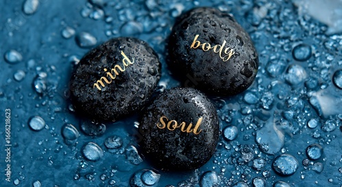 Mind body soul stones on wet blue surface