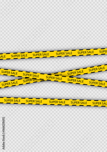 Template with crossing realistic tapes for Super Sale. Discount promo yellow tape. Black Friday, discount ribbon. Banner with border for sale. Vector illustration.
