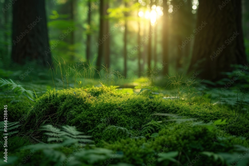 Fototapeta premium Forest with moss and grass sunlight vegetation outdoors.
