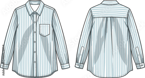 Classic vertical striped shirt front and back view, casual fashion design template, long sleeve button-down shirt for men and women