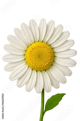 Close up of a single white daisy with a yellow center on a white background
